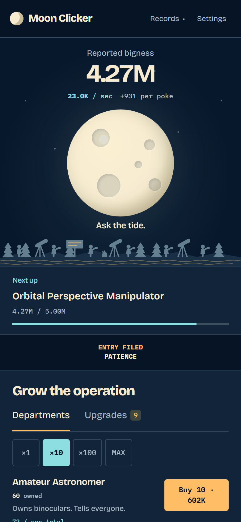 The same game on a phone, laid out for one thumb: the reported bigness and the Moon at the top, a progress bar toward the next department, the Orbital Perspective Manipulator, and the departments list starting below.