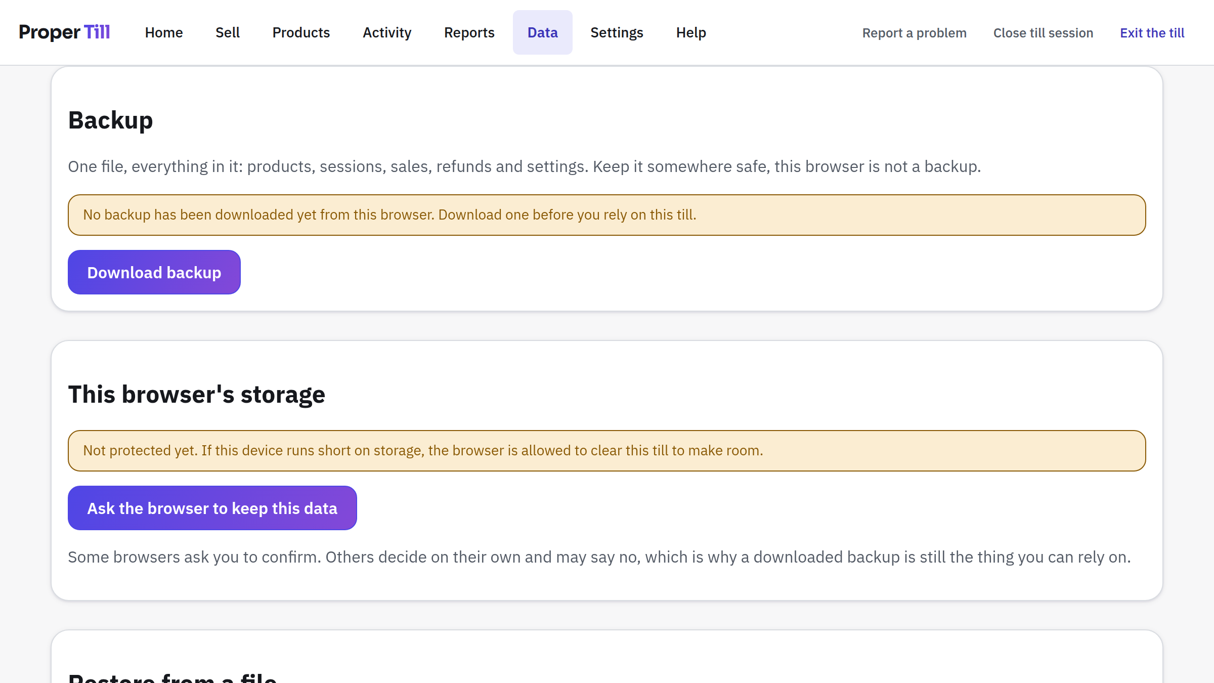 The data screen: one backup file holding products, sessions, sales, refunds and settings, a warning that no backup has yet been downloaded from this browser, and a second warning that this browser's storage is not protected yet, with a button asking the browser to keep it.
